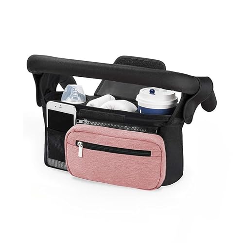2way ベビーカーバッグ 片手操作 ドリンクホルダー 大容量 撥水生地 軽量 無地デザイン|ショルダーストラップ付き コンパクト収納 おむつ/哺乳瓶整理 乳母車 車椅子対応 おしゃれ外出 (K)