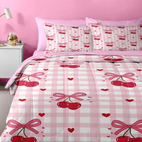 Image of Nesker Bow Comforter Set Twin Size, 5 Pieces Bed in a Bag, Pink Bow Bedding Set for Girls, Gingham Cherry Coquette Comforter Set with 1 Pillowcase & 1 Sham