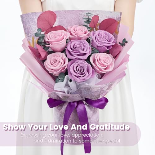 Mosstory Roses Bouquet Purple Gifts for Women Birthday Flowers for Women Forever Flowers Bouquet Gift for Her Wife Anniversary Graduation (Lavender Roses)