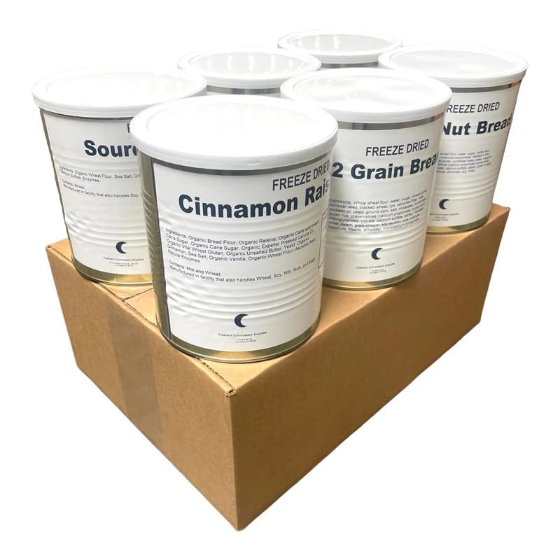 Military Surplus Freeze-Dried Bread Combo – 6 Can Variety Pack – Includes Sourdough, Oat Nut, 12 Grain, Cinnamon Raisin, Hawaiian Rolls & Biscuits – 25+ Year Shelf Life – Emergency Survival Food – Made in USA