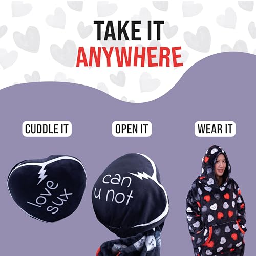Image of Wearable Blanket Hoodie - inchLove Sux inch 2-in-1 Blanket Hoodie for Adults - Oversized Sweatshirt with Pocket - Funny Breakup Gift & Anti-Valentine's Reversible Hoodie