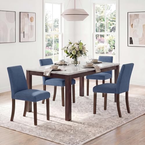 Image of Upholstered Dining Chairs Set of 4, Mid-Century Dining Room Chairs with Wooden Legs, Farmhouse Fabric Parsons Chairs for Small Space Restaurant & Cafe- Blue