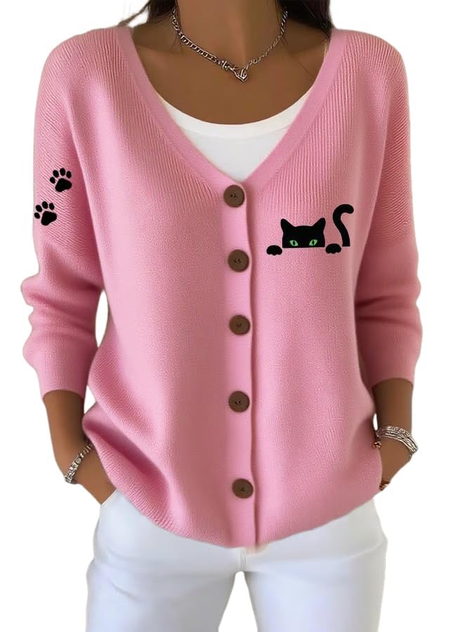 Women's Funny Halloween Cute Black Cat Paw Print Casual Knitted Cardigan Peeking Cat Sweater