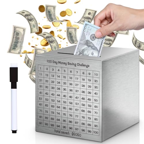Money Saving Box, Unbreakable Piggy Bank for Adults Save $5,050 Metal Savings Box, 100 Day Money Saving Challenge Stainless Steel Box Must Break to Open (4.72 Inch)