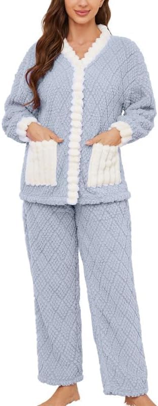 U2SKIIN Women's Plush Fleece Pajama Set,Soft Jacquard Pajamas for Women Cozy Lounge Sleepwear - Image 2