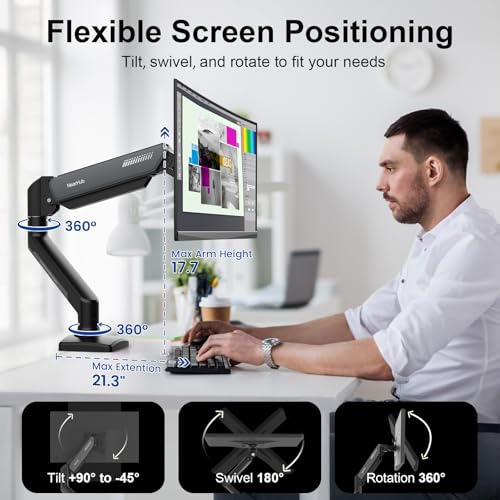 Image of NearHub Single Monitor Mount Arm for 13-32 inch Up 22 lbs Screens | VESA 75x75 /100x100 | Clamp /Grommet Base | Cable Management | Space Saving Desk Setup,180 Swivel, Tilt +90 to -45, 360Rotation