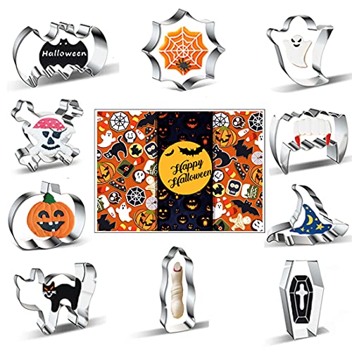 Halloween Cookie Cutters 10PCS Set, Large Stainless Steel, Pumpkin, Bat, Cat, Ghost, Spider Web, Hat, Skull, Coffin, Zombie Vampire Teeth Shapes, Finger, Biscuit, Candy, Biscuits Sugar Pie