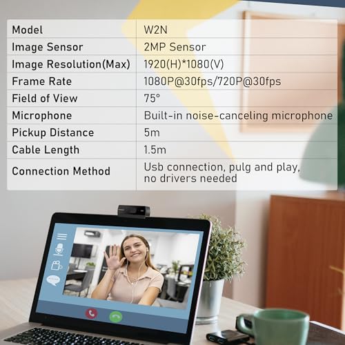 Image of 1080P Webcam with Built-in Microphone, W2N Web Cam, Privacy Cover, 75 FOV, Noise Cancellation, Plug & Play Web Camera for Computer, USB Webcam for Pc, Laptop, Desktop, Mac
