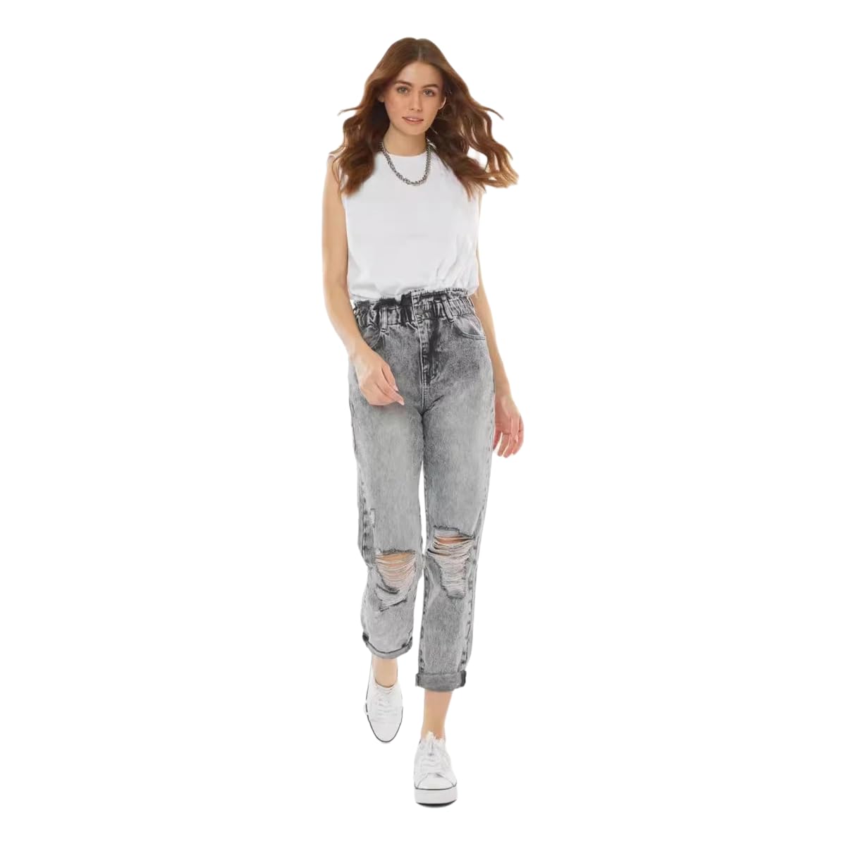Jeans Donna Alta Vita Gamba Dritta Strappato Afflitti Pantaloni in Denim-Grigio-s