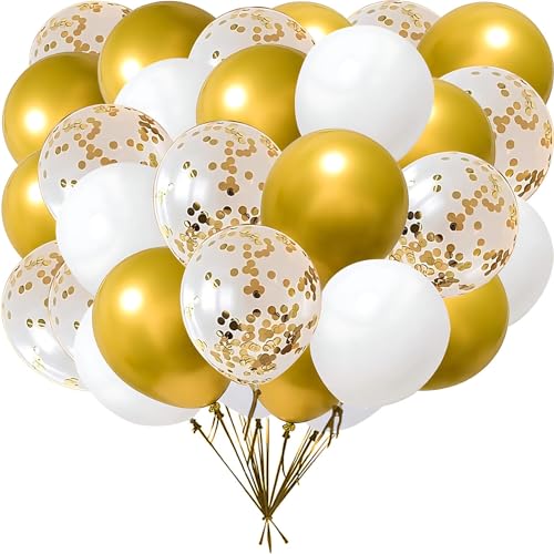 Image of 12Inch White and Glod Party Balloons with White Glod Confetti Balloons for Birthday, Baby Shower,Family Parties,Graduation Engagement Decoration Pack of 50pcs