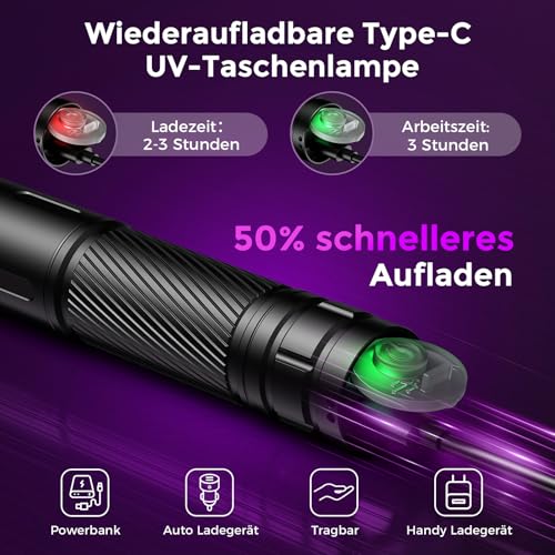 GEARLITE Wiederaufladbar LED UV Schwarzlicht Taschenlampe, Leicht Mini UV Lampe Ultraviolettes Licht mit 395nm Robust Wasserfest für Bernsteinsuche Geocaching Heimtierurindetektoren Unechte Banknoten