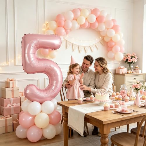 Image of TONIFUL 40 Inch Pastel Pink Number Balloon Balloon Big Pink Digital Balloon for Girl's Birthday Party Wedding Bridal Shower Engagement Anniversary Photo Shoot Supplies(Number 5)