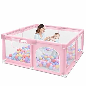 Baby Playpen for Toddlers, Large Kids Play Yard with Breathable Mesh Sides & Safety Gate, Indoor Outdoor Play Pen Activity Center, Sturdy Anti-Slip Frame, Safe Play Area for Babies Infants Children (Pink)