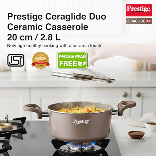 Image of Prestige Ceraglide Duo Casserole 20cm /2.8L with Glass Lid Non-Stick Ceramic Coating|Works On Gas & Induction|High Heating|Cool Touch Handle|Grey