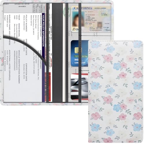 Image of LumiMokki Premium Car Registration & Insurance Card Holder with Magnetic Shut, Vehicle Glove Box Car Organizer - For Documents, Cards, License (Floral A)