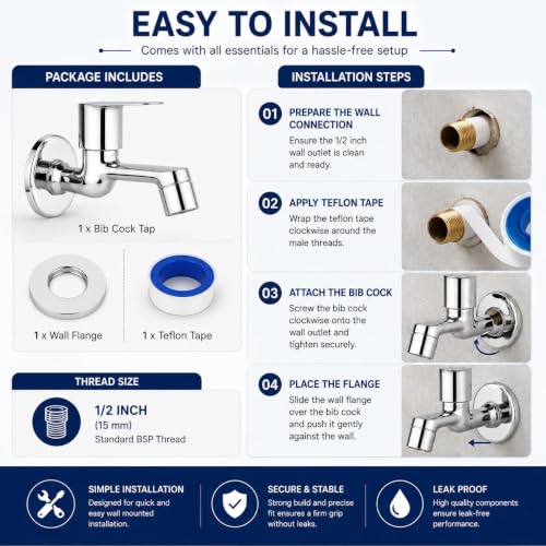 Image of Furiq Bath F-Series Brass Long Body Bib Cock Tap for Bathroom & Kitchen | Chrome Plated Wall Mounted Faucet | Quarter Turn Handle | Rust Proof & Leak Resistant | 1 /2 Inch BSP Thread
