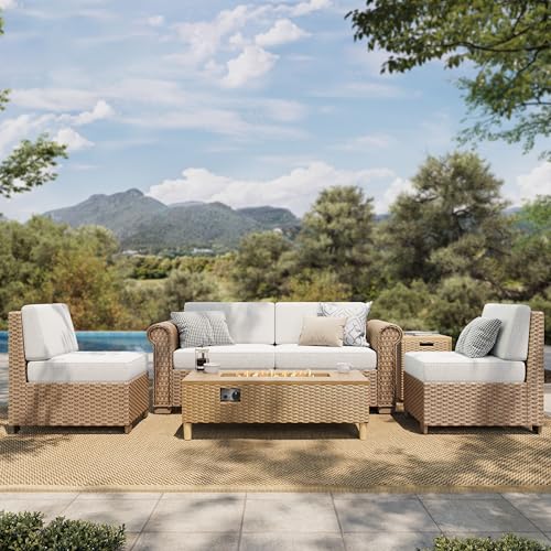 Image of HERA'S HOUSE Patio Furniture Set, All Weather 4 Seats Outdoor Sectional Wicker Sofa with Fire Pit Table, 5.5 inch Thick Waterproof Cushion Modular Conversation 6 Pieces Sofa Set for Garden Deck Backyard