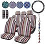 14 Pcs Baja Car Seat Covers Full Set Multicolor Stripe Car Seat Covers Boho Print Steering Wheel Cover Seat Belt Cover Crystal Hanging Ornament Car Holders Fits for Car (Stripe Style)
