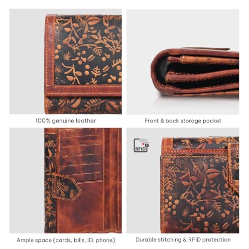 VALENCHI Leather Wallet For Women RFID Blocking Slim Minimalist Ladies Long Clutch Purse Organizer Credit Card Holder Slots with Zipper Pocket (Vintage Cognac)4