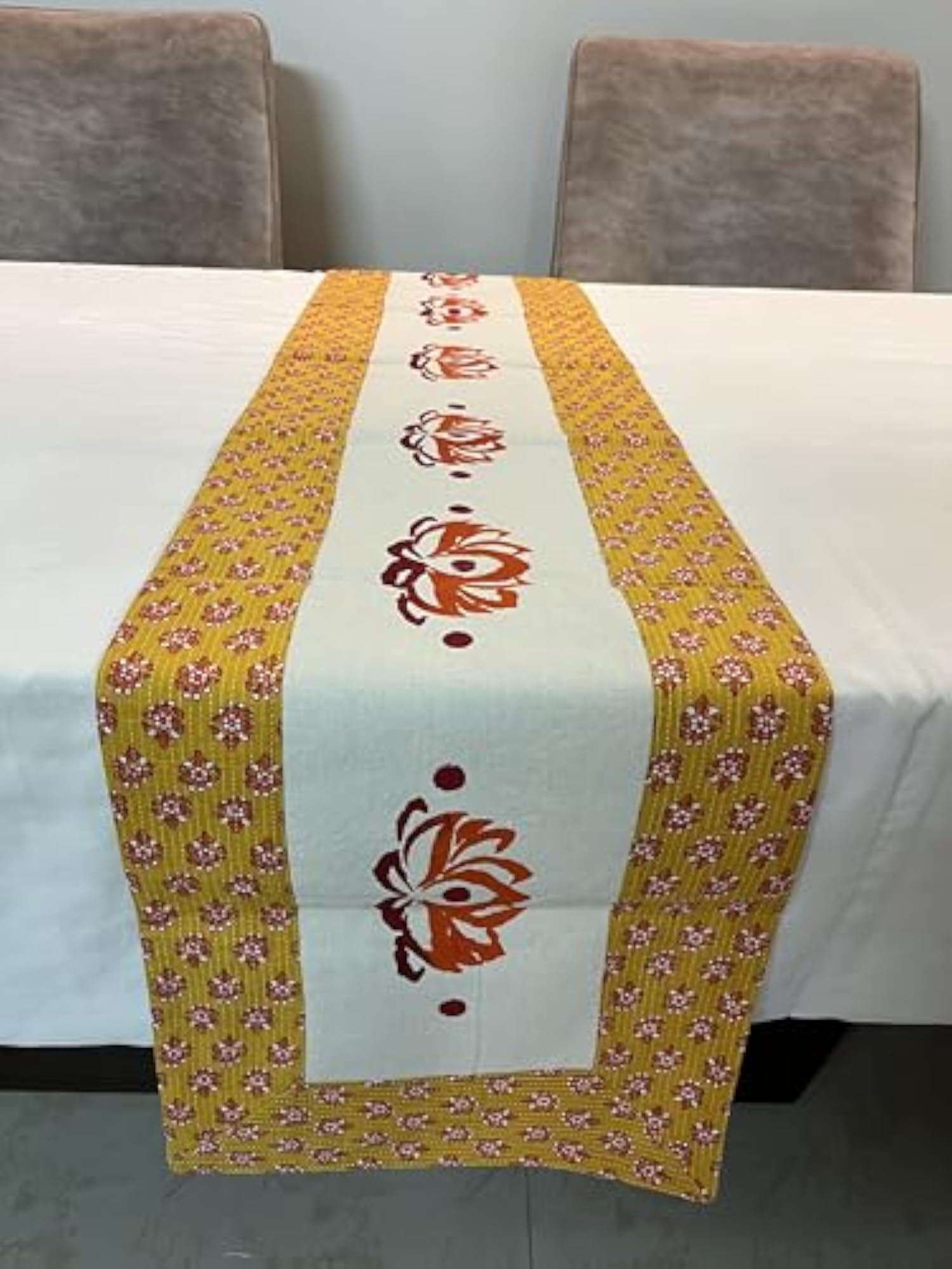 Handpainted Set of 6 Dining Mats with Runner, Orange