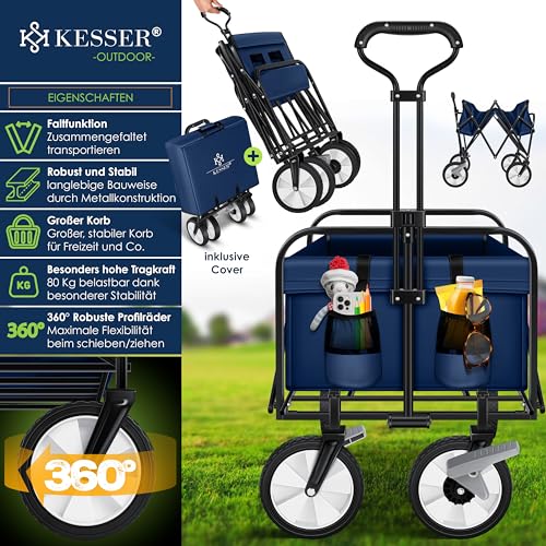 KESSER® Bollerwagen faltbar Handwagen Transportkarre Gerätewagen | inkl. 2 Netztaschen & Cover | klappbar | PVC-Reifen | bis 80 kg Tragkraft transportwagen Gartenanhänger ohne Dach, Blau/Schwarz – Bild 3