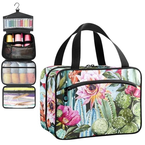 YNNALE Sewing Supply Organizer Bag, Cactus Floral Tropical Plant Portable Sewing Bags with Pockets&Hanger, Sewing Storage Box Case for Sew Supplies/Kit/Tools/Accessories (BAG ONLY)