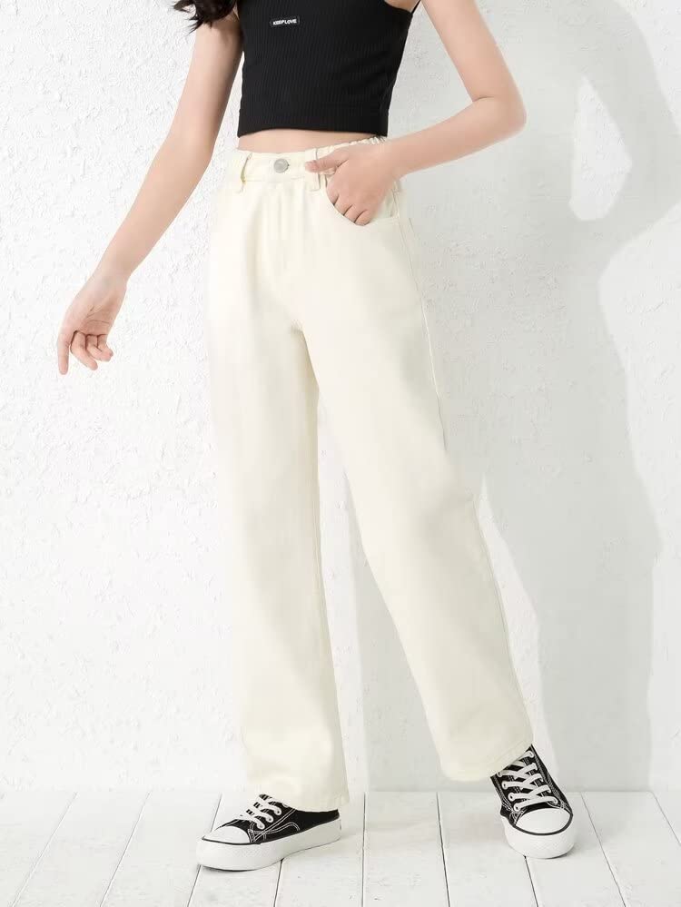 Girls Casual Denim Pants High Waisted Wide Leg Jeans with Pocket4