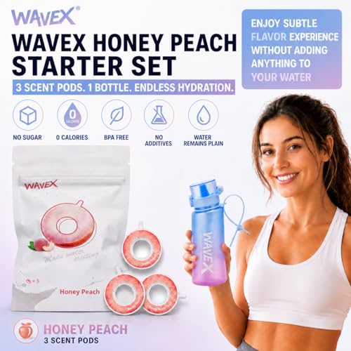 Image of WaveX Scented Water Bottle with 3 Honey Peach Aroma Scent Pods, BPA Free, Flip Top Lid, Straw & Carry Strap Included, Enhance Hydration with Subtle Aroma Experience, No Sugar or Calories (Sunset Coral Blue)