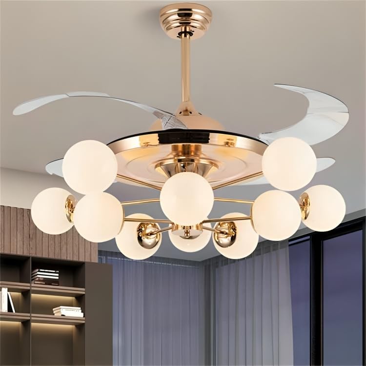 Image of HDC 12-Light Gold Frost Glass Ceiling Fan Chandelier - Modern Retractable Blade Fan with LED 3-Color Settings & Remote Control - Luxury Fan for Living Room, Hall & Bedroom (Bulb not Included)