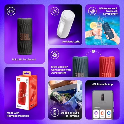 Image of JBL Grip Wireless Portable Bluetooth Speaker, JBL Pro Sound with AI Sound Boost, IP68 Waterproof /Dustproof, Ambient Light, Upto 14H Playtime, Auracast Multi-Speaker Connection, White