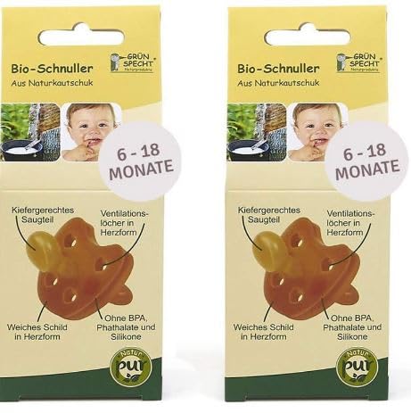 Gruenspecht - Chupete ecológico de caucho natural 6-18 meses // Juego de 2 unidades, escudo suave en forma de corazón, forma ortopédica de pino