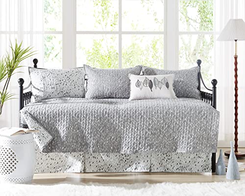 Image of Southshore Fine Living, Inc. Twin Daybed Comforter Set, 6-Piece Bedding Set with Daybed Cover, 3 Pillow Shams, Bed Skirt, Throw Pillow - Twin Day Bed Quilt Set, Botanical Leaves Grey