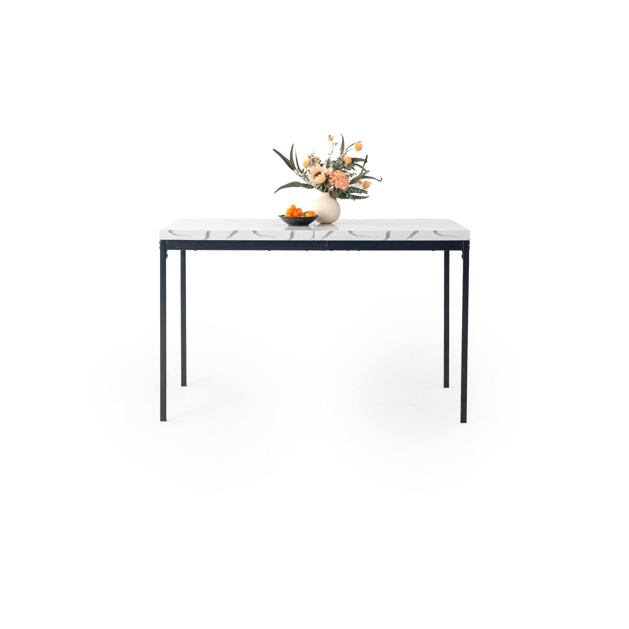 FurnitureR Tables de Bar de Jardin en Imitation Marbre Blanc, pour 4 à 6 Personnes, Plateau en Bois Epais avec Structure Métallique, pour Terrasse, Patio, Salle à Manger, Garden, 120 x 70 x 75cm