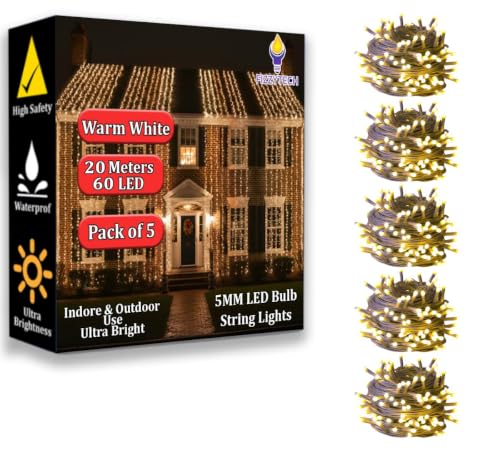 Image of fizzytech 5MM Fairy String Lights Pack of 5, 20 Meter Warm White Decorative Lights for Home, Diwali, Christmas & Wedding - 60 LED