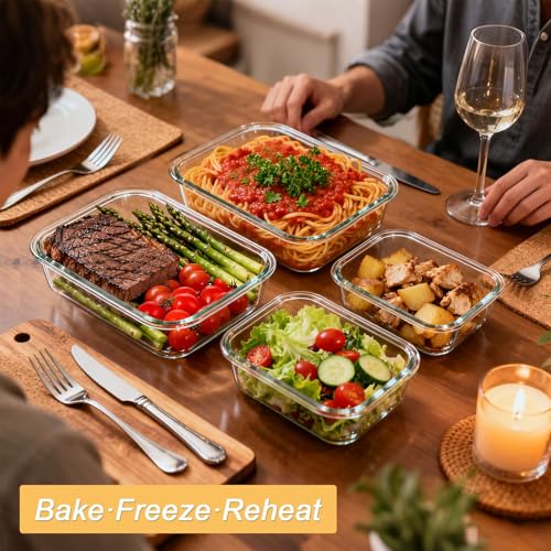 KOMUEE 4 Pack 63oz 27oz Large Glass Food Storage Containers Set with Airtight Lids, BPA-Free, Meal Prep Containers for Storing, Freezer, Microwave and Oven Safe