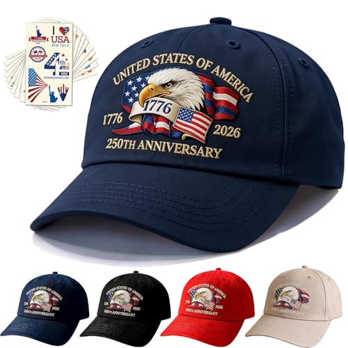 Bokauo 250 Anniversary USA Hat for Men Women,Printed Adjustable Baseball Cap,250th Years Gift Merchandise for Husband,Veteran (Navy Blue)
