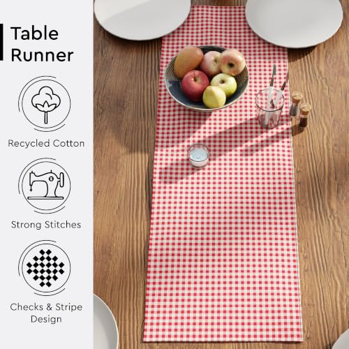 Image of Encasa XO Cotton Table Runner, 4 Seater Dining Table Decor Gingham Red