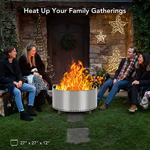 27" Smokeless Fire Pit with Air Switch, Wood Burning Portable Stainless Steel Outdoor Firepit with Removable Stand and Ash Pan, Ideal for Camping for Backyard Patio and Picnic, H: 11.5 in, 26.9 lbs…