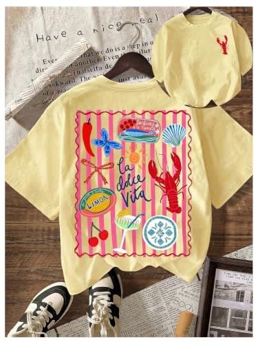 Image of RoseSeek Women's Graphic Letter Tee Crew Neck Trendy Summer Vintage T Shirt