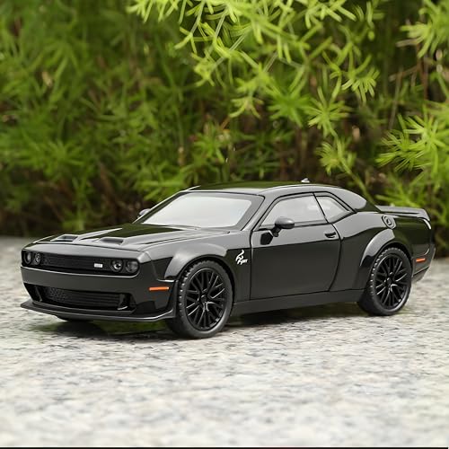 Image of Dodge Challenger SRT Hellcat 1:24 Diecast Car - Metal Model with Openable Doors, Sound & Light, Pull Back Action - Realistic Collectible Toy Car for Kids & Adults- Black