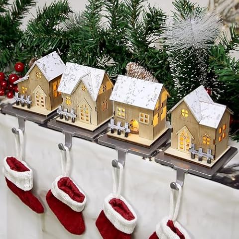 Zhitaoxun 4pcs Christmas Stocking Holders for Mantle,Wood House Mantle Stocking Holders,Stocking Hangers with Lights,Stocking Hooks for Fireplace Tables,Christmas Decoration Cover