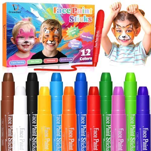 Drawdart Face Painting Kit for Kids, 12Pcs XL Face and Body Paint Crayons| 12 Vibrant Colors Safe and Washable Face Paint Sticks for Adults Kids Party, Halloween Makeup, School Event, Cosplay