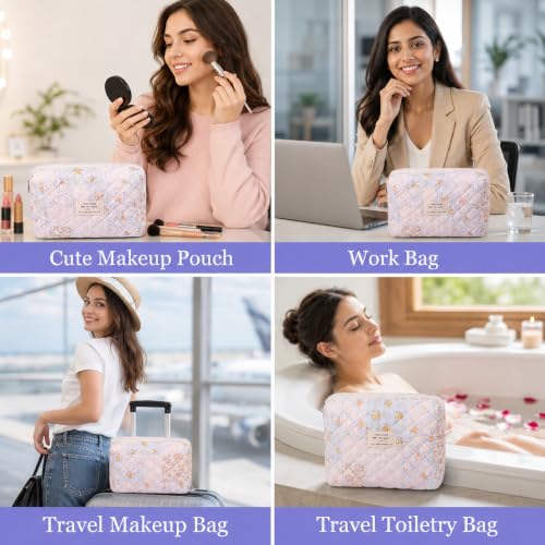 Image of Lyrovo Makeup Organizer Cosmetic Bag Quilted Large Floral Make Up Organize Set for Women Flower Travel Toiletry Bag (BWF)
