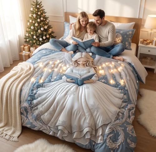 Image of Premium 7D Digital Printed Cotton Flat Bedsheet (90 X 100) Inch with 2 King Size Pillow Covers -300 TC Fabric, Design & Superior Comfort Double Bedsheet for Double Bed (Blue - Winter Princess Pattern)