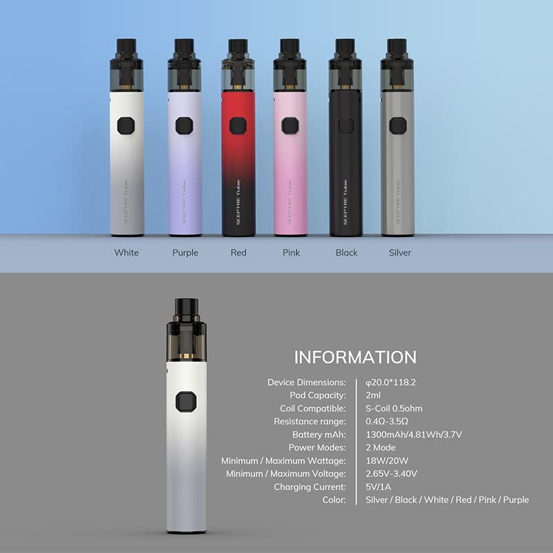 Innokin Sceptre Tube Pod Kit  20W Vape Kit - 1300mAh Vape Pod Kit with  Slide Top Fill 2ml Refillable Pod Style Tank Dual Power MTL E Cigarette -  no nicotine (Pink):