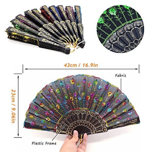 Morices 2 Pcs Sequin Folding Fans, Elegant Embroidered Flower Peacock Pattern Handheld Fan - Image 3