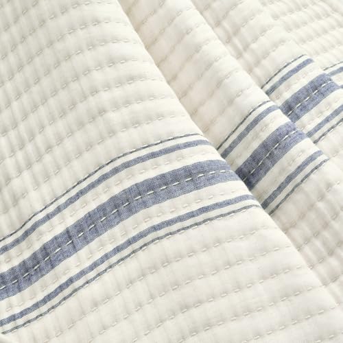 Image of Lush Decor Farmhouse Stripe Kantha Pick Stich Yarn Dyed Cotton Woven Throw Reversible Ticking Pinstripe Design Blanket, 50 inch x 60 inch, Navy