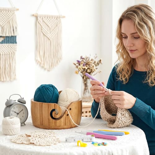 Image of Wooden Yarn Bowl Set, 6.7in x 4.1in Large Yarn Bowl for Crocheting, Complete Crochet Accessories Kit with 12 Size Crochet Hooks, Tape Measure, Counter, Scissors & Storage Bag