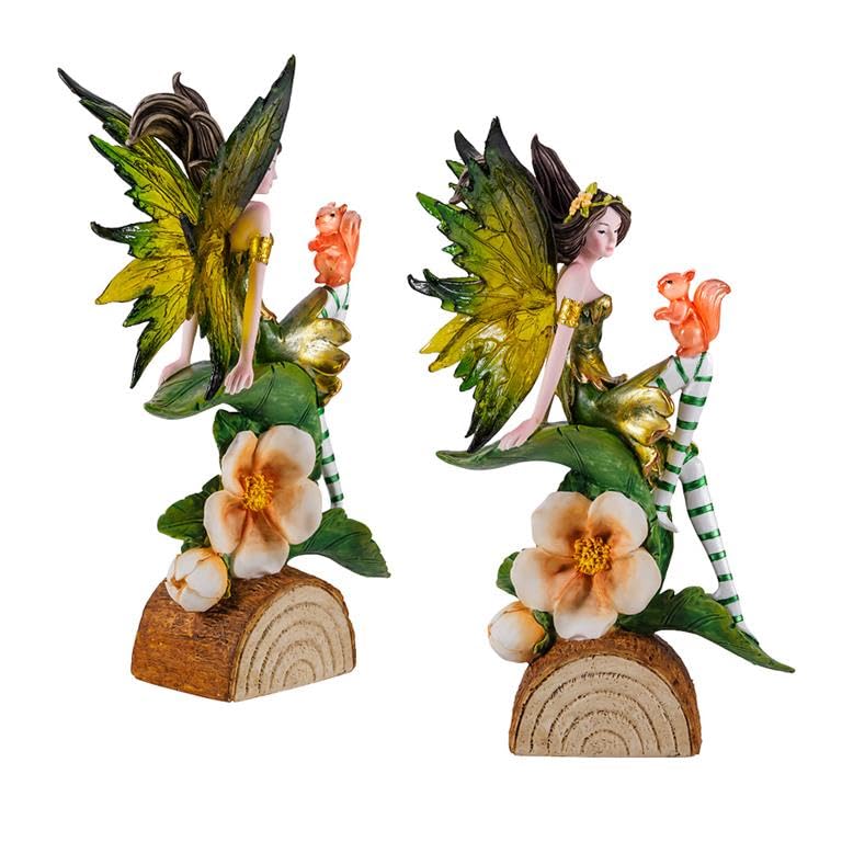 DRW Figura Hada Verde sobre Tronco con una Ardilla de Resina Pintada a Mano 21 cm