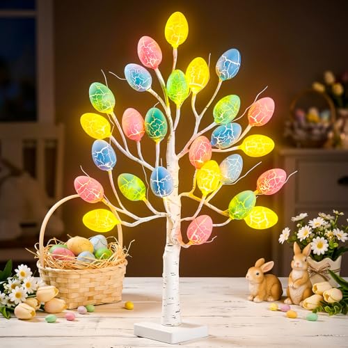 OLANRUN Easter Decorations - 2 FT Artificial Birch Tree with 24 Warm Led Light Colorful Eggs - Easter Tree Decor for Office Home Bedroom Table Mantel USB or Battery Powered